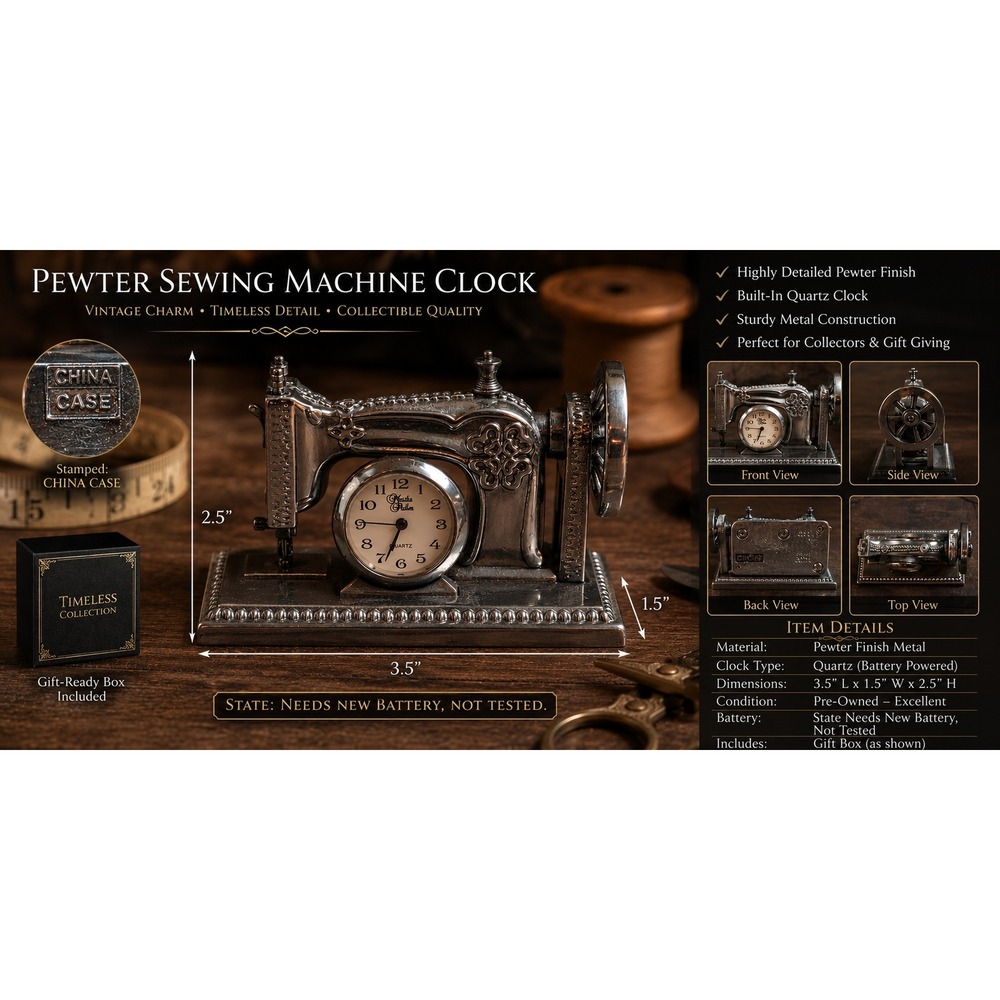 Martha Pullen Vintage Style Sewing Machine Clock Miniature Collectible